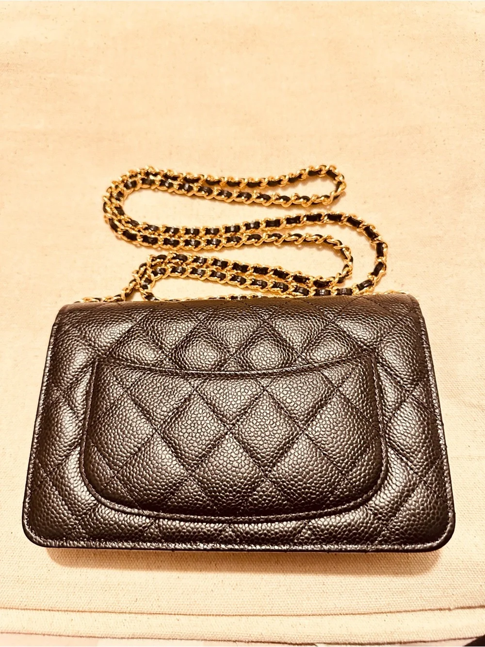 CHANEL | WOC | CHANEL Black Quilted Leather Chain Wallet with Gold Hardware